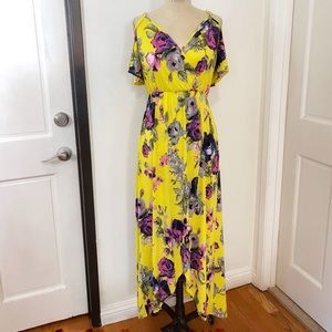 La Banga Yellow and Pink Floral High Low Cold Shoulder Jersey Dress